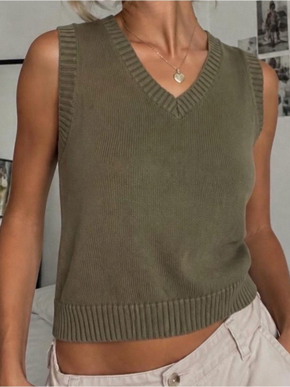 Brandy Melville Olive Green V-Neck Knit Sweater Vest